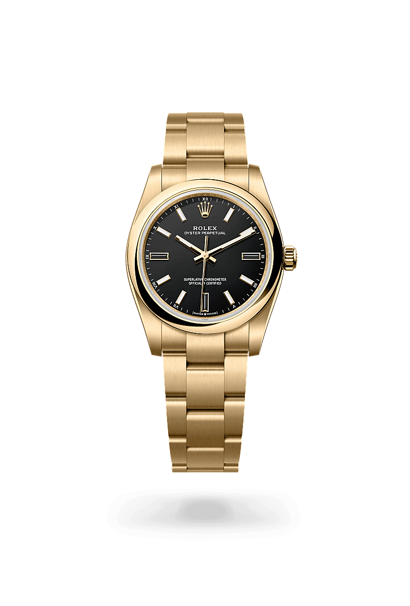 Rolex Oyster Perpetual 34, M124208-0001, 34mm, 18 kt geelgoud